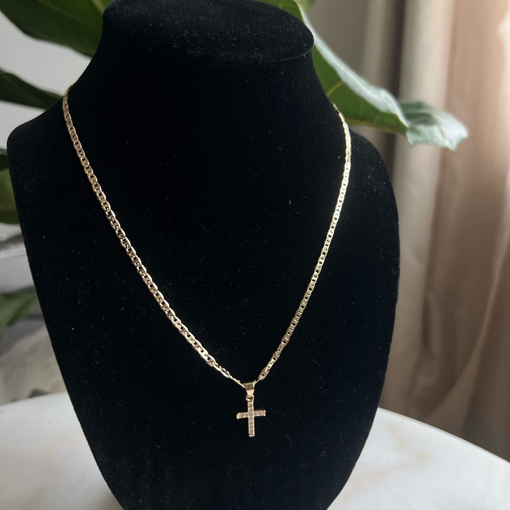 🩷-Gold small Cross with silver stone Necklace